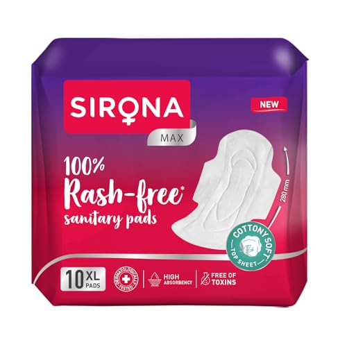 Sirona Max Sanitary Pads for Women | XL (Pack of 10 Pads) | 100% Rash Free & Toxic-Free | Organic Cotton Sanitary Pad | Up to 0% Leakage, Comfortable & High Absorbency