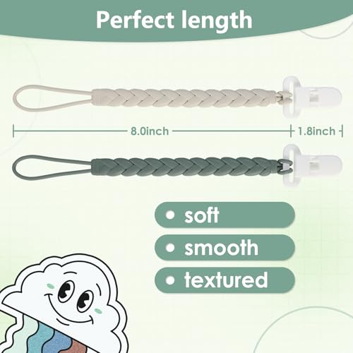 Image of 6-Pack Silicone Pacifier Clips with a Woven Rope Shape for Baby Boys and Girls - Flexible and Rust-Free Holders for Teething Relief and Baby Essentials, Safe for Newborns (Grey)