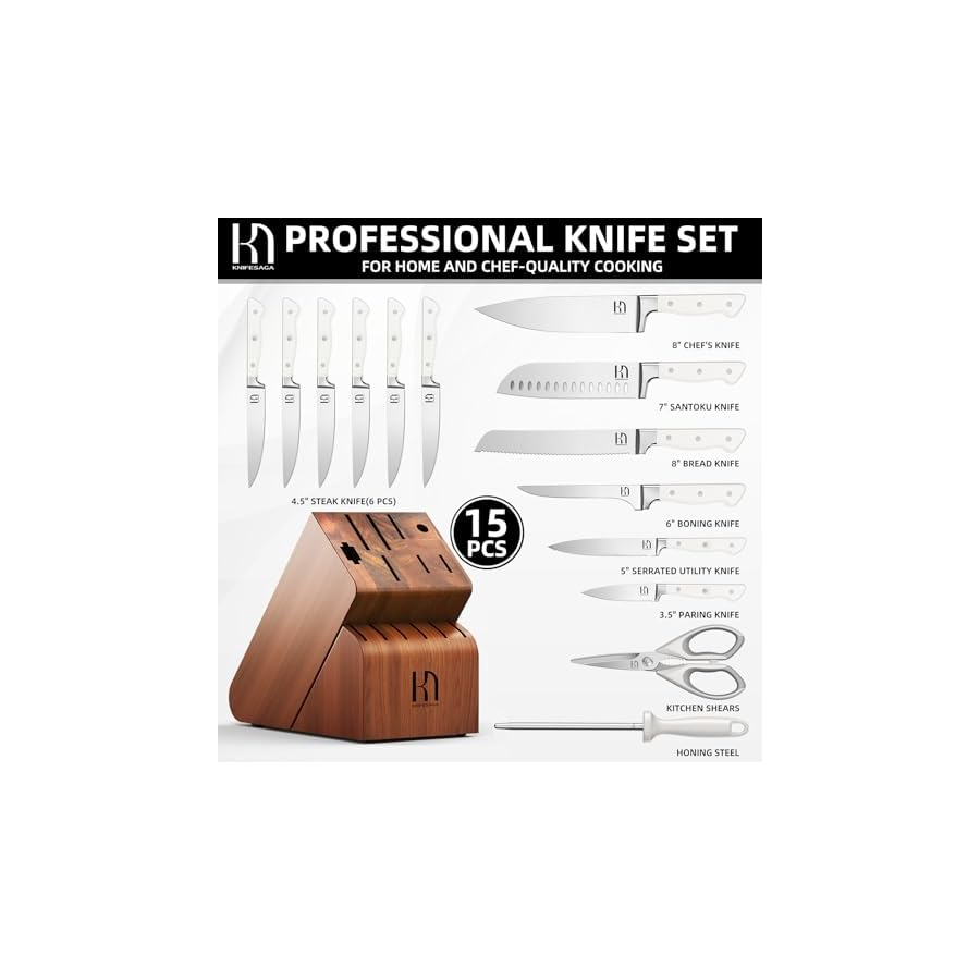 Knife Set, 15 Pcs Kitchen Knife Block Set, Enduring Razor-Sharp Japanese High Carbon Stainless Steel Chef Knife Set with Block and Sharpener, Premium Knives Set for Kitchen, White Acacia