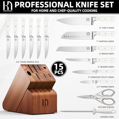 Image of Knife Set, 15 Pcs Kitchen Knife Block Set, Enduring Razor-Sharp Japanese High Carbon Stainless Steel Chef Knife Set with Block and Sharpener, Premium Knives Set for Kitchen, White Acacia