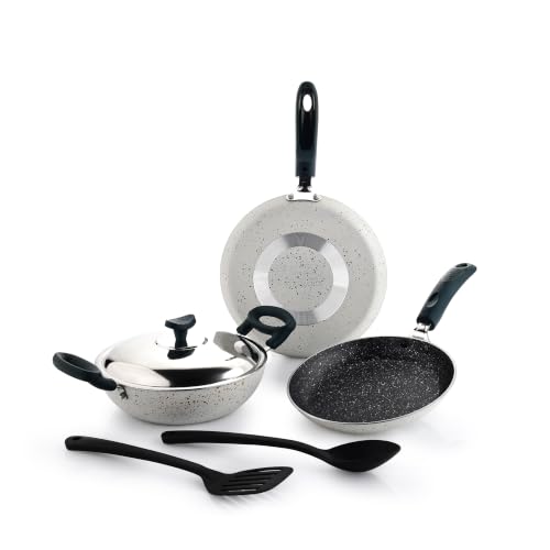 Image of Crystal Aluminum 6 Pcs Non Stick Cookware Set | Gas Stove Friendly | Tawa, Fry Pan, Kadhai with Lid, Laddle & Spatula | Durable 4 Layer Non Stick Coating | PFOA Free | White