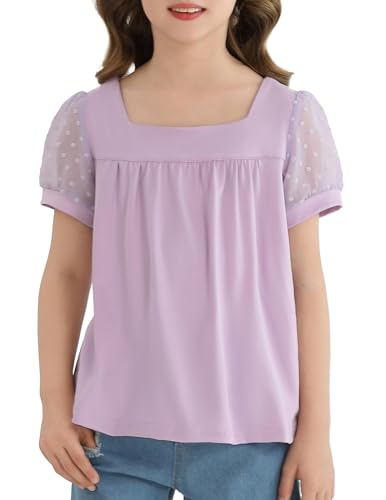 Image of Girls Shirts Puff Short Sleeve Tunic Tops Pleated Square Neck Loose Blouse for Girl Summer Casual Blouse Tee