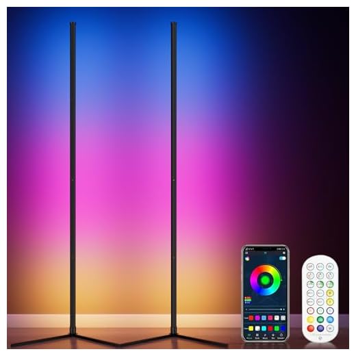 WISIMMALL 2PCS RGB Corner Floor Lamp, 64.5" RGB Color Changing Mood Light Bluetooth APP and Remote Control Music Sync LED 398 Dimmable Modes Modern Floor Lamp for Living Room, Light Timing