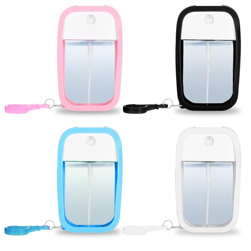 Qianyu 4PCS Reusable 50 ML Card Spray Bottle Portable Moisturizing Sprayer Box Card Design Empty Bottles with Hook Refillable Perfume Atomizer Vials for Cosmetic (white,sky blue,black,light pink)