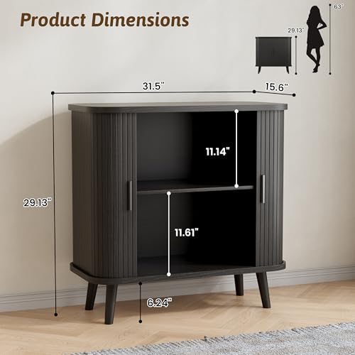 Image of BORNOON Buffet Cabinet with Storage, Curved-Edge Fluted Storage Cabinet Sideboard, Modern Black Sideboard Buffet with Adjustable Shelves & Sliding Door for Dining Room, Kitchen, Entryway