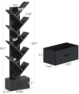 WoodMarwar Solid Sheesham Wood Book Shelf | Wooden Tree Shape Bookshelf | Free Standing Bookcase with Open 8 Shelf & One Drawer Storage | Tall Display Unit Book Stand | Rosewood, Black Finish