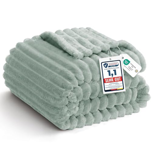 WAVVE Plaid Couverture Polaire 220x240 cm, Flanelle Couverture lit 2 Personnes, Jeté de Canapé Chaude et Douce Vert Sauge, Plaid Fourrure Canapé Grand