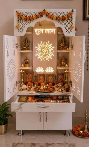 Image of Beautiful Home Temple /Pooja Mandir with Led Lights (Pre Assembled) Engineered Wood Home Temple (Height: 130, Pre-Assembled)|White