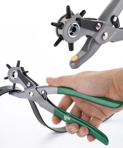 Image of UNCO- Leather Hole Punch Tool, Multi Hole Sizes for Belts and Leather, Belt Hole Puncher, Green Handle