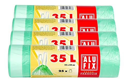 ALUFIX Müllsäcke Müllbeutel mit Zugband 35L, HDPE 53x60 cm 15my, grün transparent, 100 Stück Cover