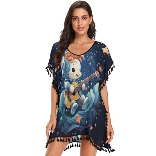 Cartoon Star Unicorn Guitar Women's Beach Cover Up Chiffon Tassel Swimwear Swimsuit Coverups for Girl