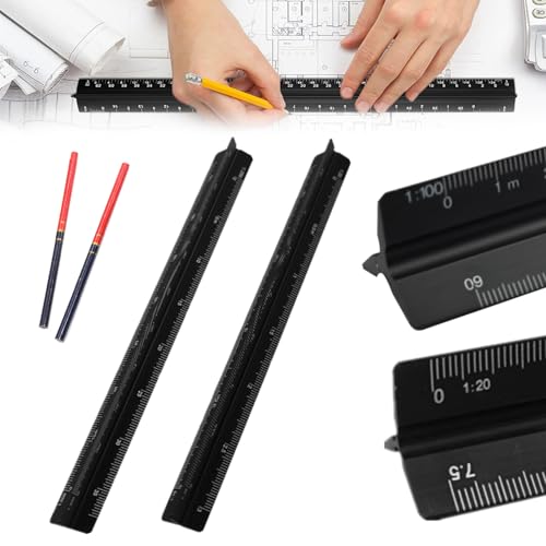 三角スケール 建築 縮尺定規 製図スケール 2本セット アルミ製 高精度 目盛り読みやすい 製図用品の必需品 建築士用 土地家屋調査士用 縮小コピー用 12種類の縮尺目盛 1:20/1:25/1:50/1:75/1:100/1:125 と1:100/1:2