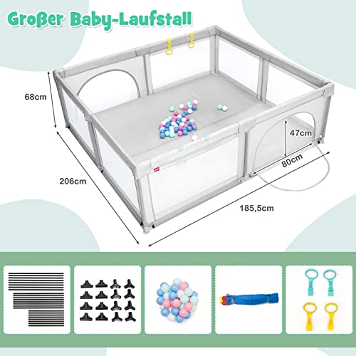 Foto von COSTWAY 206 x 185,5cm Baby Laufstall mit 50 Spielbällen, Laufgitter mit atmungsaktivem Netz und Reißverschluss, Krabbelgitter mit 2 Türen, Laufgitterzelt für Säuglinge und Kinder (Grau)