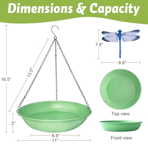 Image of 11 Inch Green Speckled Double Patchwork Metal Hanging Bird Bath Bowl | Equipped with 13.5 in rust-proof black chains, dual-use bird feeder decor for garden and backyard