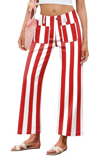 Magrank Red White Striped Pants for Women Stretchy Flare Ankle Jeans High Waist Cropped Denim Pants M