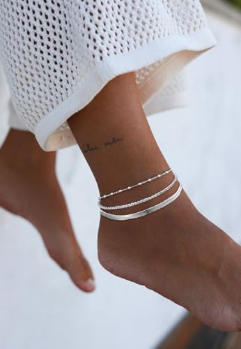 Tewiky Sterling Silver Ankle Bracelets for Women,Dainty Layered Waterproof Anklet for Women Adjustable Sparkly Herringbone Beaded Rope Chain Set Stackable Cute Summer Beach Jewelry Gift3