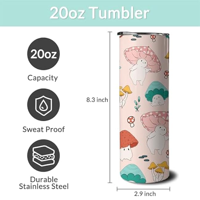20 oz Mushroom Skinny Tumblers with Lid and Straw, Mushroom Stainless Steel Vacuum Insulated Travel Coffee Mug Cup Water Bottle, Mushroom Decor Stuff Accessories, Gifts for Women Girls Mushroom Lover