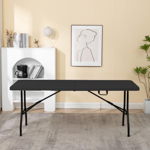 Image of BTEXPERT Set of 10, Fold-in-Half Folding Utility Table 6 Feet 72 inch x 29.5 inch Lightweight Portable Carrying Handle Indoor Outdoor Picnic Camping Office Home Party Wedding Event Black