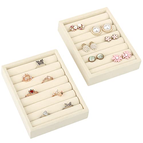 Small Jewelry Tray-Ring Organizer 2PCS Premium Velvet Rings Earrings Display Tray Storage Insert Holder for Jewelry Box, Drawer, Dresser (8 Slots, Beige)