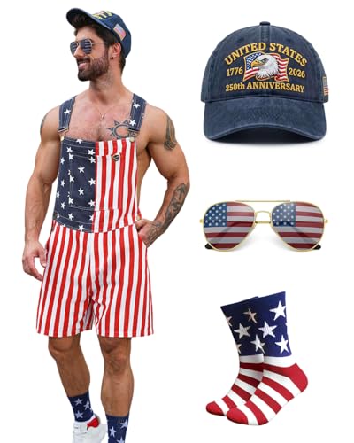 HRTELISI American Flag Overalls for Men Women 5Psc 250th Anniversary 4th of July Coveralls Shorts Kit USA Romper Couple (US Alpha Large Regular Regular Unisex Red-1)