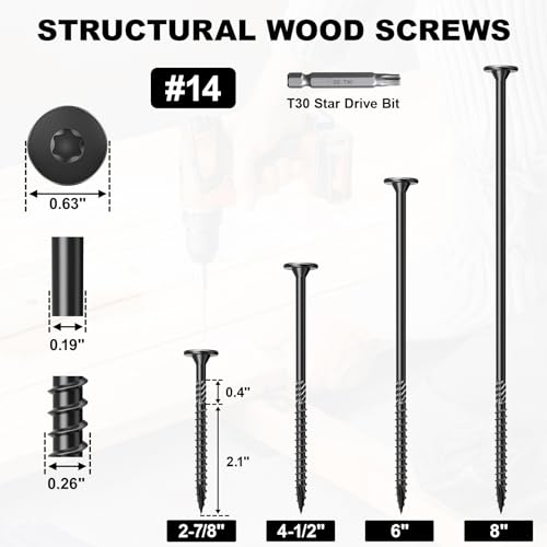 2-78 inch heavy-duty outdoor wood screws assortment fastener kit 50pcs star drive deck screws rust resistant timber screws for timberloglandscaping wood 14 x 2-7834 black