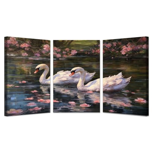 Poster rose moderne de cygne sur le lac en lot de 3 tableaux encadrés 50x70 cm
