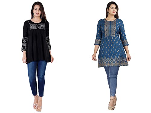 Image of Shiva Fab Short Kurti for Women | Embroidered Straight Rayon Kurta | Round Neck Full Sleeves Short Kurti for Women's (Small, Black & Blue Silver-2 Pack)