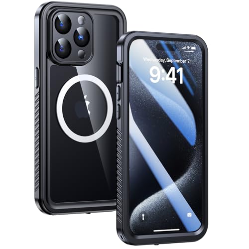 Lanhiem Magnetic for iPhone 15 Pro Max Waterproof Case Dustproof Case Built-in Screen Protector & Camera Protection Full Body Heavy Duty MagSafe Clear Phone Cover for 15 Pro Max (Black)