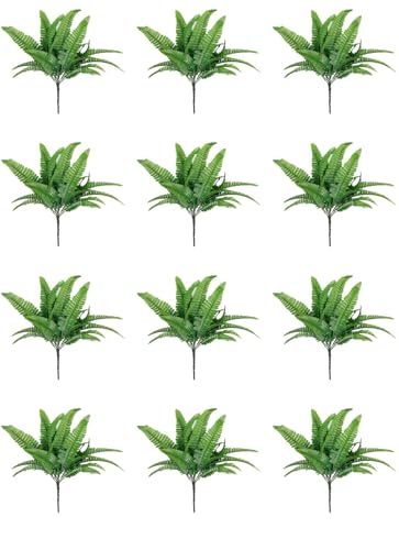 Image of PAPERI Artificial Plant Home Decor - Green Imitation Fern Plastic Artificial Grass Leaves Plant for Home Arrangement Decor Pack of 12