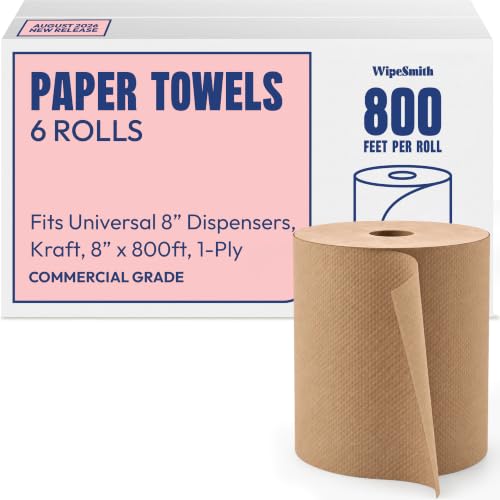 Image of Hardwound Paper Towel Rolls, 8 Inch x 800 Feet, 1-Ply Brown Kraft Commercial Hand Towel Rolls, Fits Universal 8 Inch Dispensers, 100% Recycled, 6 Rolls per Carton, 4800 Feet Total