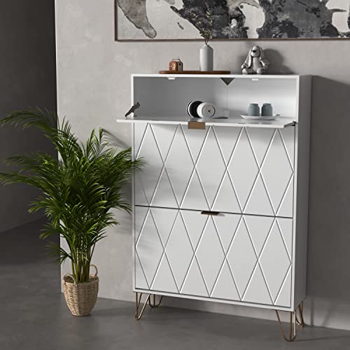 Uev Shoe Cabinet,Freestanding Shoe Rack Storage Organizer With Drawers & Metal Legs,Modern Shoe Storage Cabinet With 3 Flip Drawers For Entryway (White) #TOP3