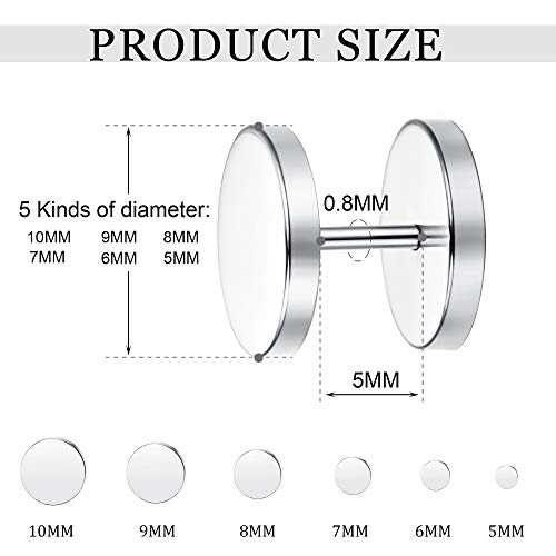 Udalyn 18 Pairs Stainless Steel Flat Stud Earrings Set for Men Women Faux Gauges Ear Tunnel Piercing Screw Earrings Silver Black Gold-Tone 5-10mm2
