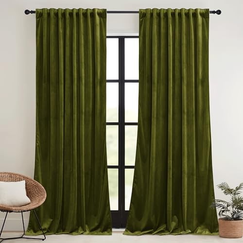 Image of RYB HOME Moss Green Velvet Blackout Curtains 84 inches Long with Hook Tape | Thermal Insulated, Privacy Protect, Room Darkening, Decorative Drapes, Bedroom Doorway Nursery, W42 x L84, 2 Panels