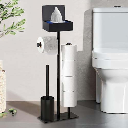 Toilet Roll Holder Free Standing, GUIGUZI Black Stainless Steel Toilet Roll Holder with Toilet Brush, Holds 4 Rolls, Bathroom Toilet Paper Dispenser with wipes box shelf
