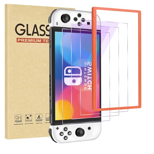 Jngnpn 3-Pack Blue Light Blocking Tempered Glass Screen Protector for Switch OLED Model 2021 [7 Inch],with Alignment Frame,Anti Glare, Anti Scratch,Anti Fingerprint, Eye Protection Film,9H Hardness