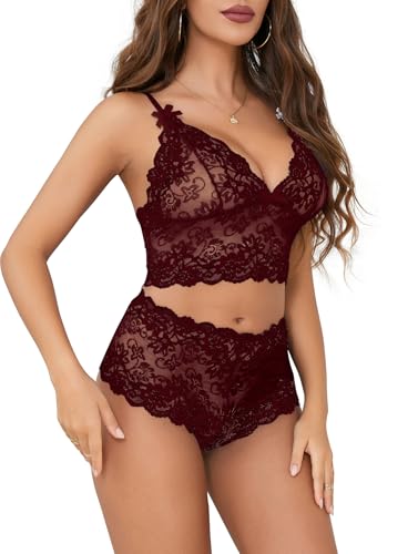 Image of Lilosy Sexy Lingerie for Women Lace Pajamas Set Cami Bra and Panty High Waist Sheer Sleepwear 2 Piece 2XS-6XL