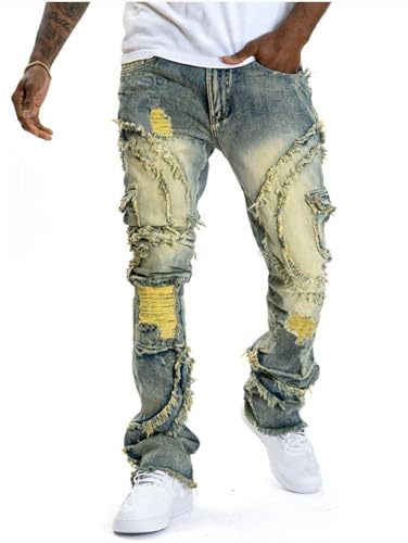 Jeans Pants Trouser Denim Retro Piercing Tear Street Trendy Water Washed Tassel Elastic Micro Horn Holes for Men2