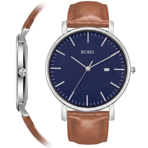 Image of BUREI Men's Fashion Minimalist Wrist Watch Analog Date with Leather Strap