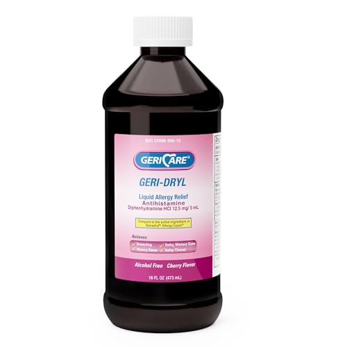GeriCare Geri-Dryl Diphenhydramine HCI Solution - Antihistamine Liquid Multi-Symptom Allergy Relief Formula - Relieves Sneezing Runny Nose Watery Itchy Eyes & Throat 16 FL OZ (Pack of 1) Red