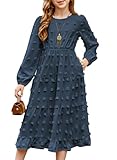 blibean Tween Girls Fall Dresses Kids Puff Long Sleeve Maxi Tiered Dress Semi Formal Party Wedding Polka Dot Clothes Spring Solid Casual Outfits Pockets Vestidos Niñas Size 14-15 Years Old Navy Blue