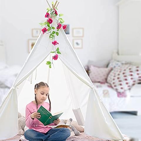 AlaTyche Teepee Tent for Kids,Children Teepee with String Light,White Play Tent Indoor Outdoor,Canvas Tipi Tent for Girls,Fordable Portable Princess Castle,Birthday Holiday Party Cover