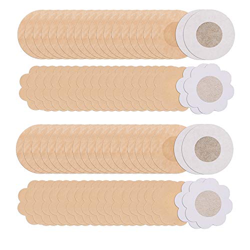 Tugaizi 80 Pieces Nipple Covers Breast Pasties Comfortable Adhesive Bra Disposable Satin Petals Pasties for Women (Flower, Round) Beige