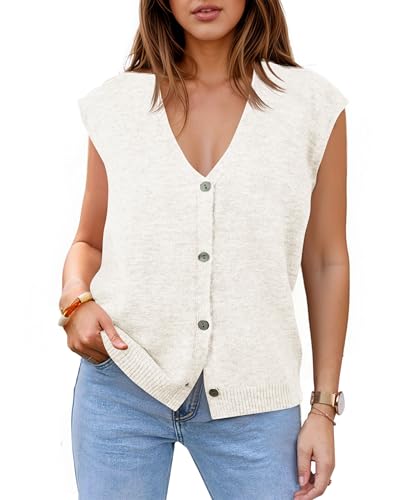 Cicy Bell Womens V Neck Sweater Vest Casual Button Down Knit Vest Outerwear Sleeveless Trendy Cardigans White