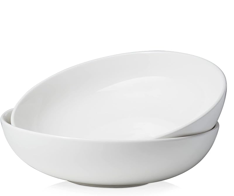 DOWAN Cuencos grandes para servir de 11.5 pulgadas, fuente blanca de 3.2 cuartos, cuencos grandes de cerámica para centro de mesa, aptos para microondas y lavavajillas, juego de 2