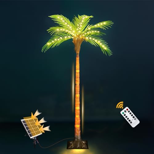 Solar Palm Tree Lights for Patio Outdoor Decoration，4.6FT Artificial Palm Tree with 110 LED Lights for Pool Tiki Bar Garden, Palm Trees with Light Up Plastic TreeTrunk and Rechargeable Remote Control