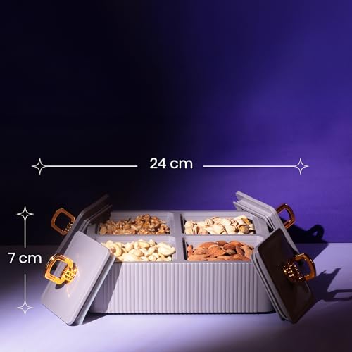 Image of Selvel Global Square Dryfruit Box with 4 Compartments | Airtight Multi-Purpose Storage Box with Tray & Lid | Ideal for Diwali Gifting | 500ml Each | BPA-Free (Lid Grey)