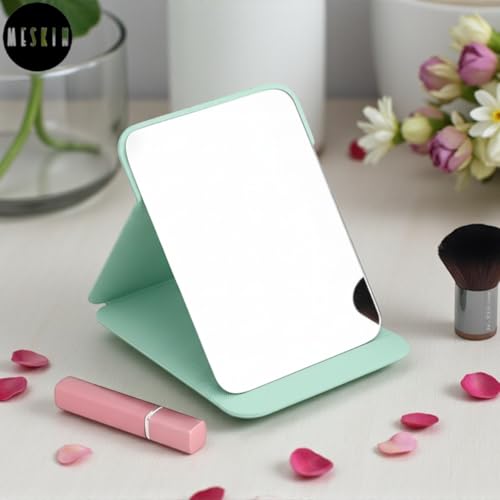 Image of MESKIN Portable Tablet Style Makeup Mirror with Foldable Stand | Compact Folding Free Hand Standing Mirror | Travel Friendly Vanity Mirror with PU Flap Cover (Pack of 1, Mint Green)