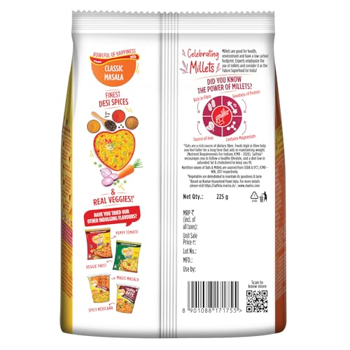 Image of Saffola Masala Oats | 225g | Classic Masala | Tasty, Anytime Snack | Ready in 3 mins | Millets Goodness- with Bajra & Jowar | No maida, No added preservatives | Helps manage weight (Pack of 3)