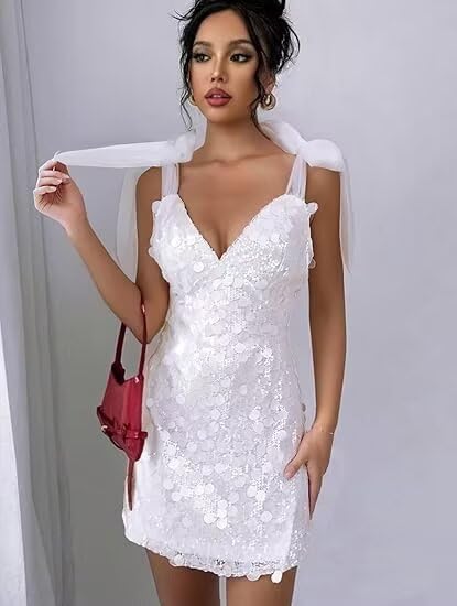 Rjer Sparkly Sequins Homecoming Dresses for Teens Spaghetti Straps V Neck Short Prom Dress Cocktail Party Gowns with Bow - Image 5