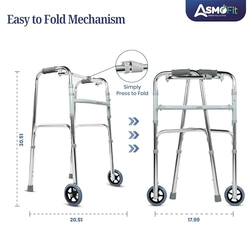 Image of ASMOFIT Foldable Walker with Wheels - Lightweight, Adjustable Height, Sturdy Frame for Elderly Support, Easy Mobility Aid for Seniors